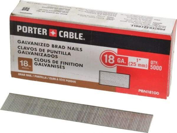 Porter-Cable - 18 Gauge 1" Long Brad Nails for Power Nailers - Grade 2 Steel, Galvanized Finish, Smooth Shank, Straight Stick Collation, Brad Head, Chisel Point - USA Tool & Supply