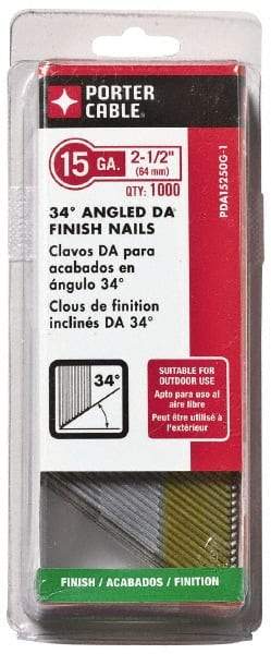 Porter-Cable - 15 Gauge 2-1/2" Long Finishing Nails for Power Nailers - Grade 2 Steel, Galvanized Finish, Angled Stick Collation, Chisel Point - USA Tool & Supply