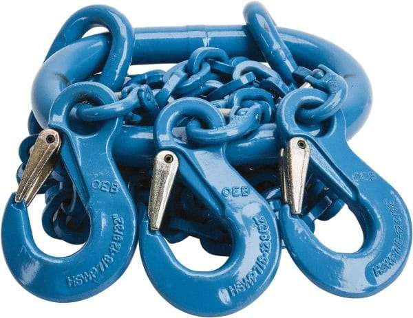 Pewag - 5' Long, 13,500 Lb Basket Capacity, 13,500 Lb Vertical Capacity, 3 Ply, Alloy Steel Web Sling - 4,500 Lb Choker Capacity, TOS Chain Sling, 9/32" Diam Chain, Blue, with 3 Sling Hooks & Master Link - USA Tool & Supply