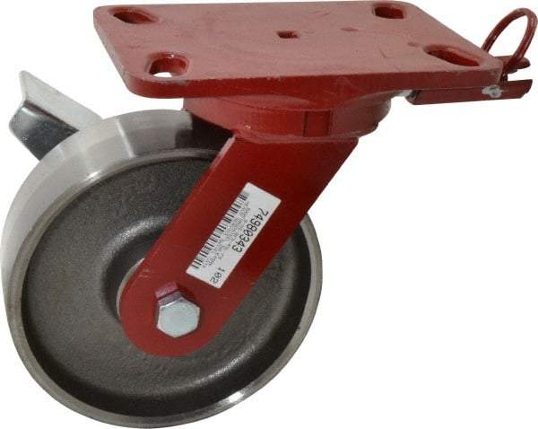 Hamilton - 6" Diam x 2" Wide x 7-3/4" OAH Top Plate Mount Swivel Caster with Brake - Forged Steel, 2,000 Lb Capacity, Roller Bearing, 4-1/2 x 6-1/2" Plate - USA Tool & Supply