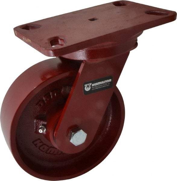 Hamilton - 6" Diam x 2" Wide x 7-3/4" OAH Top Plate Mount Swivel Caster - Cast Iron, 1,400 Lb Capacity, Roller Bearing, 4-1/2 x 6-1/2" Plate - USA Tool & Supply