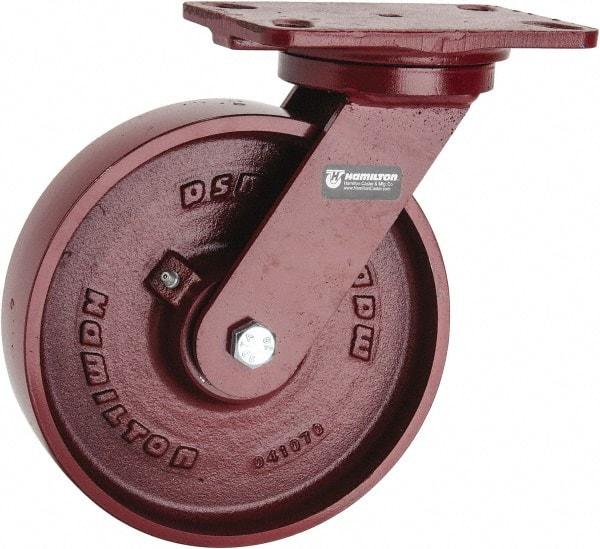 Hamilton - 8" Diam x 2" Wide x 9-3/4" OAH Top Plate Mount Swivel Caster - Cast Iron, 1,500 Lb Capacity, Roller Bearing, 4-1/2 x 6-1/2" Plate - USA Tool & Supply
