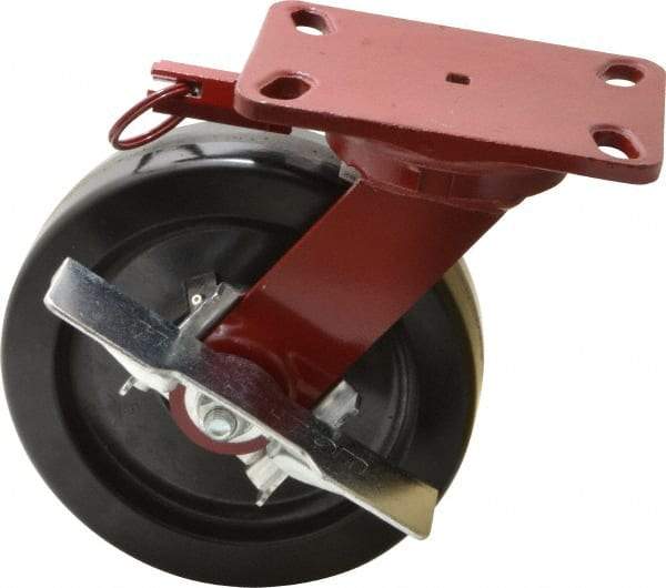 Hamilton - 8" Diam x 2" Wide x 9-3/4" OAH Top Plate Mount Swivel Caster with Brake - Phenolic, 1,400 Lb Capacity, Roller Bearing, 4-1/2 x 6-1/2" Plate - USA Tool & Supply