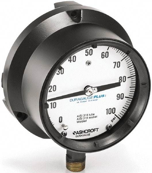 Ashcroft - 4-1/2" Dial, 1/2 Thread, 0-5,000 Scale Range, Pressure Gauge - Lower Connection, Rear Flange Connection Mount, Accurate to 0.5% of Scale - USA Tool & Supply