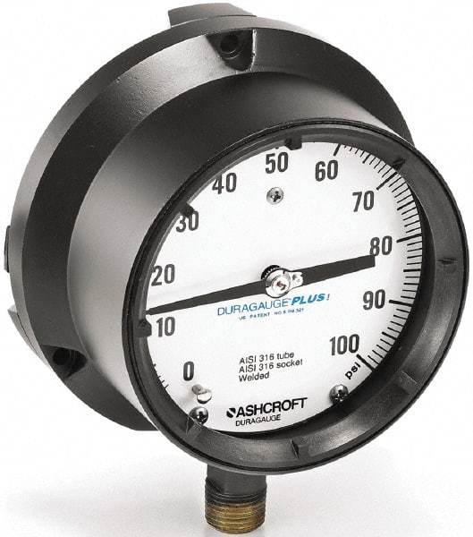 Ashcroft - 4-1/2" Dial, 1/4 Thread, 0-400 Scale Range, Pressure Gauge - Lower Connection, Rear Flange Connection Mount, Accurate to 0.5% of Scale - USA Tool & Supply