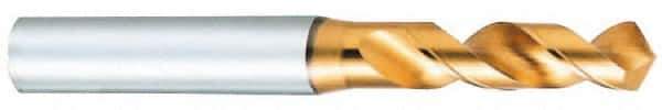 OSG - 0.1307" 130° Spiral Flute Vanadium High Speed Steel Screw Machine Drill Bit - TiN Finish, Right Hand Cut, 18mm Flute Length, 50mm OAL, Faceted Point, Straight Shank - USA Tool & Supply