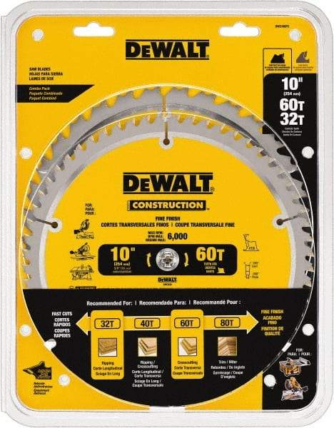 DeWALT - 10" Diam, 5/8" Arbor Hole Diam, 32 & 60 Tooth Wet & Dry Cut Saw Blade - Carbide-Tipped, Fine Finish & General Purpose Action, Standard Round Arbor - USA Tool & Supply