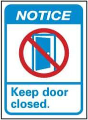 NMC - "Notice - Keep Door Closed", 14" Long x 10" Wide, Rigid Plastic Safety Sign - Rectangle, 0.05" Thick, Use for Security & Admittance - USA Tool & Supply