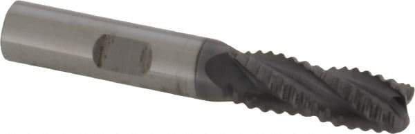 ProMax - 3/8" Diam, Coarse Pitch, 7/8" LOC, 4 Flute Solid Carbide 0.055-0.065" Corner Radius Roughing End Mill - AlTiN Finish, 2-1/2" OAL, 3/8" Shank Diam, Single End, Centercutting, 30° Helix - USA Tool & Supply