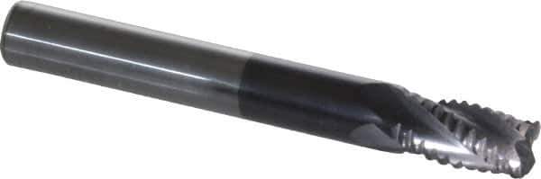 ProMax - 5/16" Diam, Coarse Pitch, 1/2" LOC, 4 Flute Solid Carbide 0.04-0.05" Corner Radius Roughing End Mill - AlTiN Finish, 2-1/2" OAL, 5/16" Shank Diam, Single End, Centercutting, 30° Helix - USA Tool & Supply