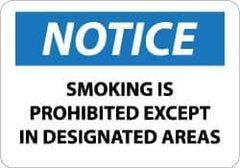 NMC - "Notice - Smoking Is Prohibited Except in Designated Areas", 7" Long x 10" Wide, Pressure-Sensitive Vinyl Safety Sign - Rectangle, 0.004" Thick, Use for Accident Prevention - USA Tool & Supply