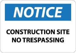 NMC - "Notice - Construction Site - No Trespassing", 7" Long x 10" Wide, Rigid Plastic Safety Sign - Rectangle, 0.05" Thick, Use for Security & Admittance - USA Tool & Supply