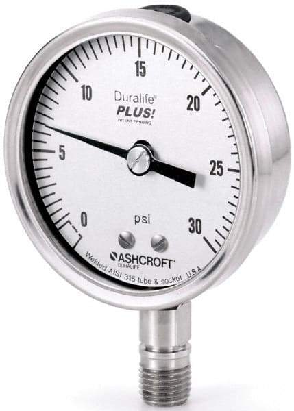 Ashcroft - 3-1/2" Dial, 1/4 Thread, 30-0-15 Scale Range, Pressure Gauge - Lower Connection Mount, Accurate to 1% of Scale - USA Tool & Supply