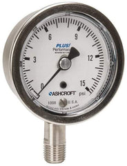 Ashcroft - 2-1/2" Dial, 1/4 Thread, 0-15 Scale Range, Pressure Gauge - Lower Connection Mount, Accurate to 3-2-3% of Scale - USA Tool & Supply