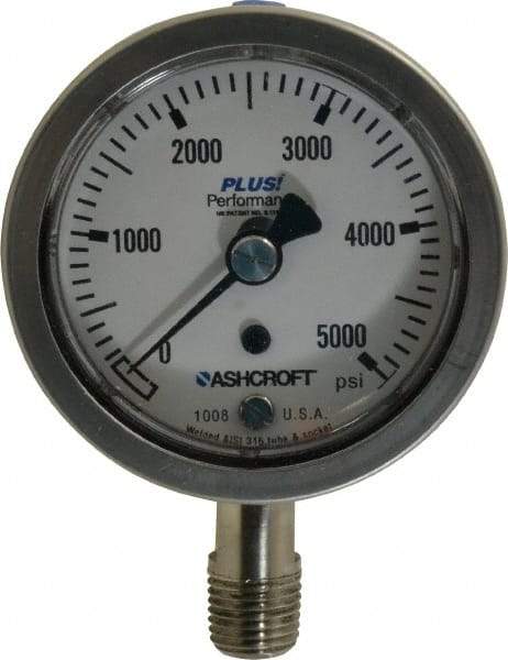 Ashcroft - 2-1/2" Dial, 1/4 Thread, 0-5,000 Scale Range, Pressure Gauge - Lower Connection Mount, Accurate to 3-2-3% of Scale - USA Tool & Supply