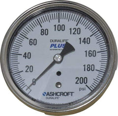 Ashcroft - 3-1/2" Dial, 1/4 Thread, 0-200 Scale Range, Pressure Gauge - Center Back Connection Mount, Accurate to 1% of Scale - USA Tool & Supply