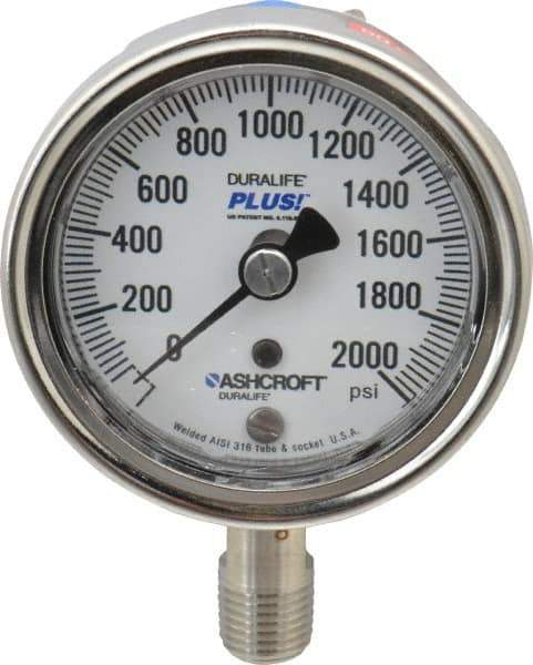 Ashcroft - 2-1/2" Dial, 1/4 Thread, 0-2,000 Scale Range, Pressure Gauge - Lower Connection Mount, Accurate to 1% of Scale - USA Tool & Supply