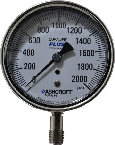 Ashcroft - 3-1/2" Dial, 1/4 Thread, 0-2,000 Scale Range, Pressure Gauge - Lower Connection Mount, Accurate to 1% of Scale - USA Tool & Supply