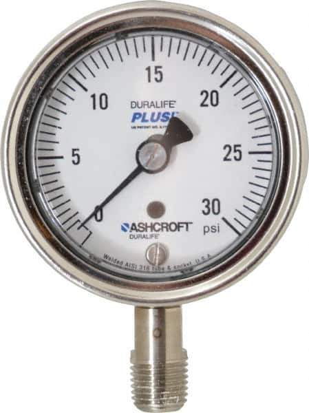 Ashcroft - 2-1/2" Dial, 1/4 Thread, 0-30 Scale Range, Pressure Gauge - Lower Connection Mount, Accurate to 1% of Scale - USA Tool & Supply