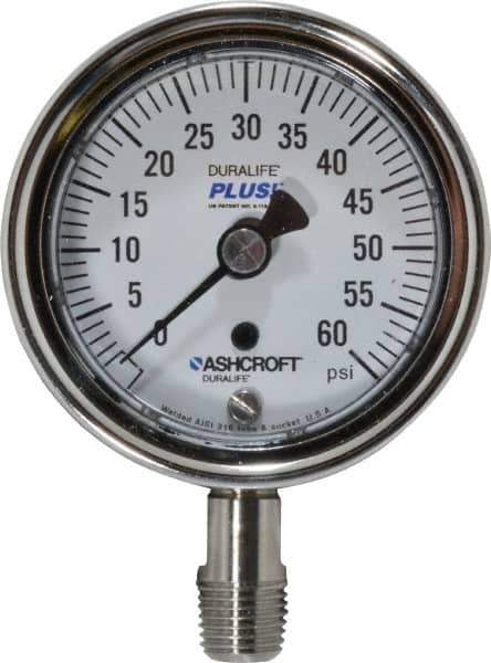 Ashcroft - 2-1/2" Dial, 1/4 Thread, 0-60 Scale Range, Pressure Gauge - Lower Connection Mount, Accurate to 1% of Scale - USA Tool & Supply