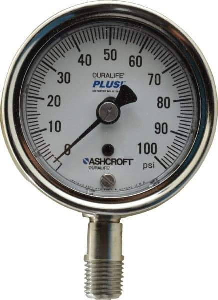 Ashcroft - 2-1/2" Dial, 1/4 Thread, 0-100 Scale Range, Pressure Gauge - Lower Connection Mount, Accurate to 1% of Scale - USA Tool & Supply