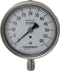 Ashcroft - 3-1/2" Dial, 1/4 Thread, 0-60 Scale Range, Pressure Gauge - Lower Connection Mount, Accurate to 1% of Scale - USA Tool & Supply