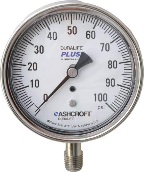 Ashcroft - 3-1/2" Dial, 1/4 Thread, 0-100 Scale Range, Pressure Gauge - Lower Connection Mount, Accurate to 1% of Scale - USA Tool & Supply