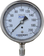 Ashcroft - 3-1/2" Dial, 1/4 Thread, 0-200 Scale Range, Pressure Gauge - Lower Connection Mount, Accurate to 1% of Scale - USA Tool & Supply