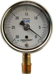 Ashcroft - 2-1/2" Dial, 1/4 Thread, 30-0 Scale Range, Pressure Gauge - Lower Connection Mount, Accurate to 1% of Scale - USA Tool & Supply