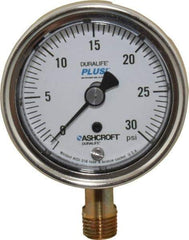 Ashcroft - 2-1/2" Dial, 1/4 Thread, 0-30 Scale Range, Pressure Gauge - Lower Connection Mount, Accurate to 1% of Scale - USA Tool & Supply
