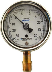 Ashcroft - 2-1/2" Dial, 1/4 Thread, 30-0-30 Scale Range, Pressure Gauge - Lower Connection Mount, Accurate to 1% of Scale - USA Tool & Supply