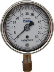 Ashcroft - 2-1/2" Dial, 1/4 Thread, 0-60 Scale Range, Pressure Gauge - Lower Connection Mount, Accurate to 1% of Scale - USA Tool & Supply