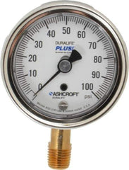 Ashcroft - 2-1/2" Dial, 1/4 Thread, 0-100 Scale Range, Pressure Gauge - Lower Connection Mount, Accurate to 1% of Scale - USA Tool & Supply