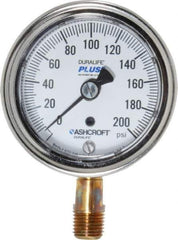 Ashcroft - 2-1/2" Dial, 1/4 Thread, 0-200 Scale Range, Pressure Gauge - Lower Connection Mount, Accurate to 1% of Scale - USA Tool & Supply