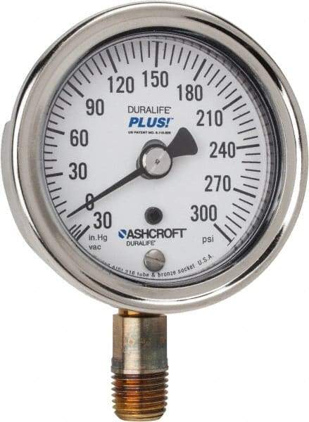 Ashcroft - 2-1/2" Dial, 1/4 Thread, 30-0-300 Scale Range, Pressure Gauge - Lower Connection Mount, Accurate to 1% of Scale - USA Tool & Supply