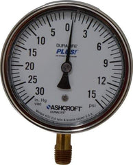 Ashcroft - 3-1/2" Dial, 1/4 Thread, 30-0-15 Scale Range, Pressure Gauge - Lower Connection Mount, Accurate to 1% of Scale - USA Tool & Supply