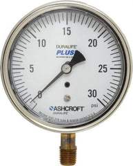 Ashcroft - 3-1/2" Dial, 1/4 Thread, 0-30 Scale Range, Pressure Gauge - Lower Connection Mount, Accurate to 1% of Scale - USA Tool & Supply