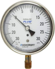 Ashcroft - 3-1/2" Dial, 1/4 Thread, 30-0-30 Scale Range, Pressure Gauge - Lower Connection Mount, Accurate to 1% of Scale - USA Tool & Supply