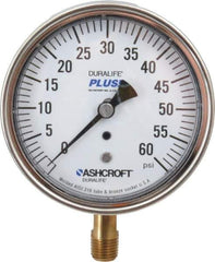 Ashcroft - 3-1/2" Dial, 1/4 Thread, 0-60 Scale Range, Pressure Gauge - Lower Connection Mount, Accurate to 1% of Scale - USA Tool & Supply