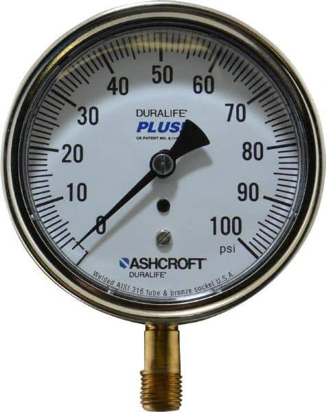 Ashcroft - 3-1/2" Dial, 1/4 Thread, 0-100 Scale Range, Pressure Gauge - Lower Connection Mount, Accurate to 1% of Scale - USA Tool & Supply