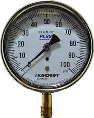 Ashcroft - 3-1/2" Dial, 1/4 Thread, 0-100 Scale Range, Pressure Gauge - Lower Connection Mount, Accurate to 1% of Scale - USA Tool & Supply