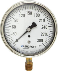 Ashcroft - 3-1/2" Dial, 1/4 Thread, 0-300 Scale Range, Pressure Gauge - Lower Connection Mount, Accurate to 1% of Scale - USA Tool & Supply