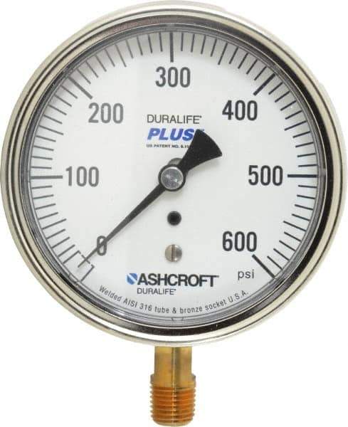 Ashcroft - 3-1/2" Dial, 1/4 Thread, 0-600 Scale Range, Pressure Gauge - Lower Connection Mount, Accurate to 1% of Scale - USA Tool & Supply