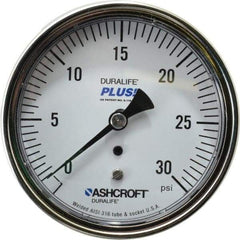 Ashcroft - 3-1/2" Dial, 1/4 Thread, 0-30 Scale Range, Pressure Gauge - Center Back Connection Mount, Accurate to 1% of Scale - USA Tool & Supply