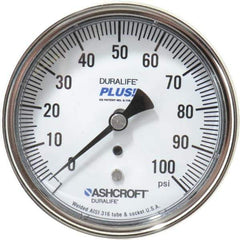 Ashcroft - 3-1/2" Dial, 1/4 Thread, 0-100 Scale Range, Pressure Gauge - Center Back Connection Mount, Accurate to 1% of Scale - USA Tool & Supply