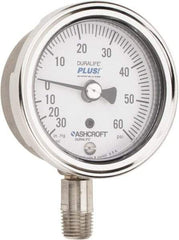 Ashcroft - 2-1/2" Dial, 1/4 Thread, 30-0-60 Scale Range, Pressure Gauge - Lower Connection Mount, Accurate to 1% of Scale - USA Tool & Supply