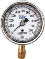 Ashcroft - 2-1/2" Dial, 1/4 Thread, 0-1,000 Scale Range, Pressure Gauge - Lower Connection Mount, Accurate to 1% of Scale - USA Tool & Supply