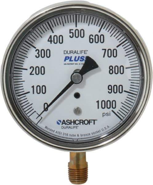 Ashcroft - 3-1/2" Dial, 1/4 Thread, 0-1,000 Scale Range, Pressure Gauge - Lower Connection Mount, Accurate to 1% of Scale - USA Tool & Supply