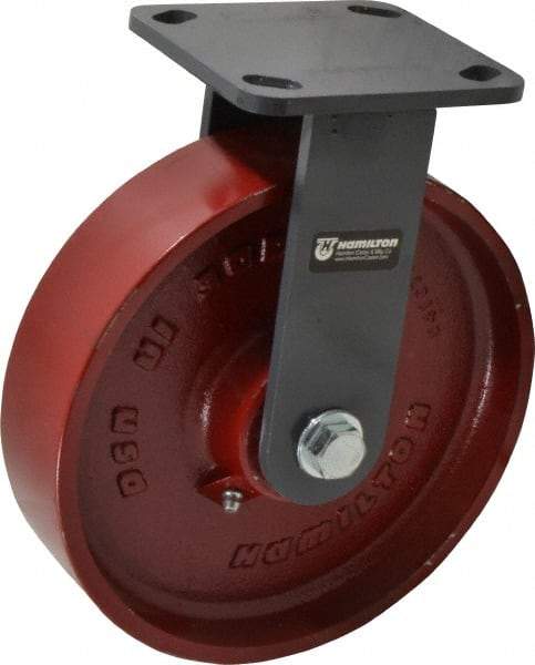 Hamilton - 8" Diam x 2" Wide x 9-1/2" OAH Top Plate Mount Rigid Caster - Cast Iron, 1,500 Lb Capacity, Roller Bearing, 4 x 4-1/2" Plate - USA Tool & Supply