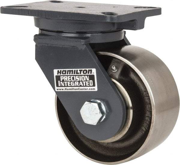Hamilton - 6" Diam x 3" Wide x 8" OAH Top Plate Mount Swivel Caster - Forged Steel, 3,500 Lb Capacity, Roller Bearing, 5-1/4 x 7-1/4" Plate - USA Tool & Supply
